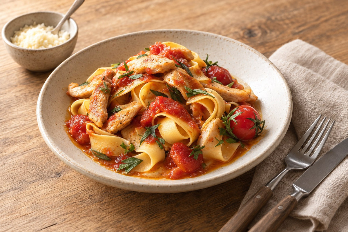 Pappardelle mit Pouletstreifen an Tomaten-, Orangen- und Estragonsauce
