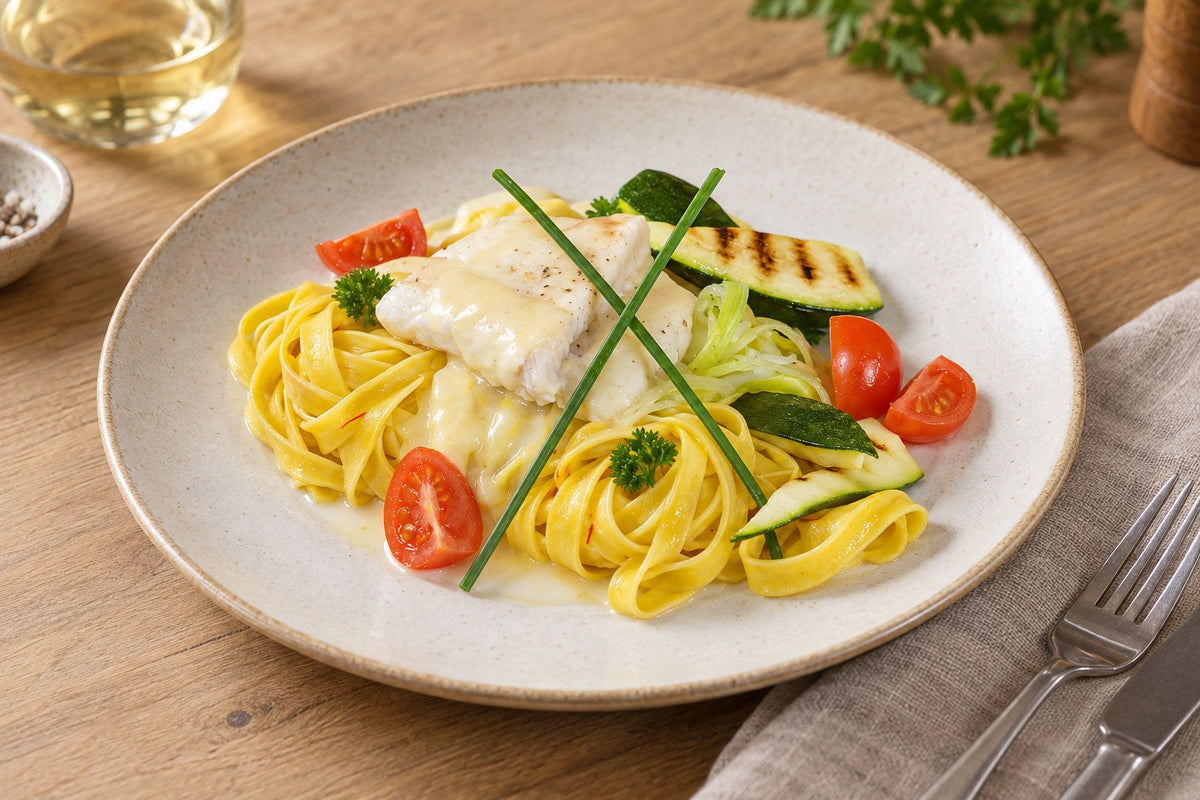 Pochierte Forellenfilets an Weisswein-Rahmsauce mit Safran-Tagliatelle