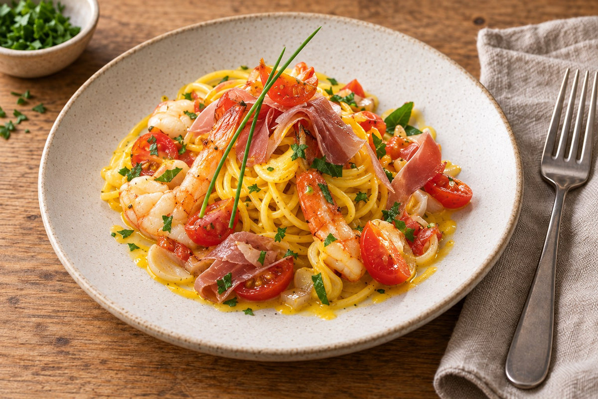 Safran-Spaghetti mit Riesencrevetten