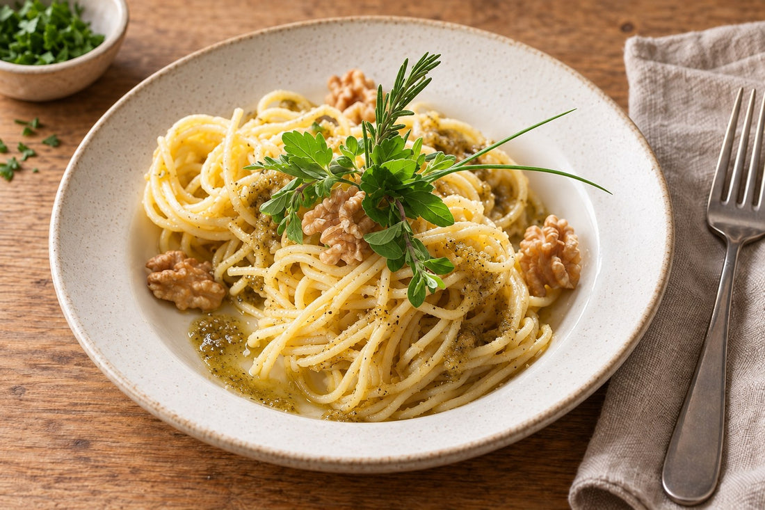 Spaghetti an Majoran-Baumnusspesto