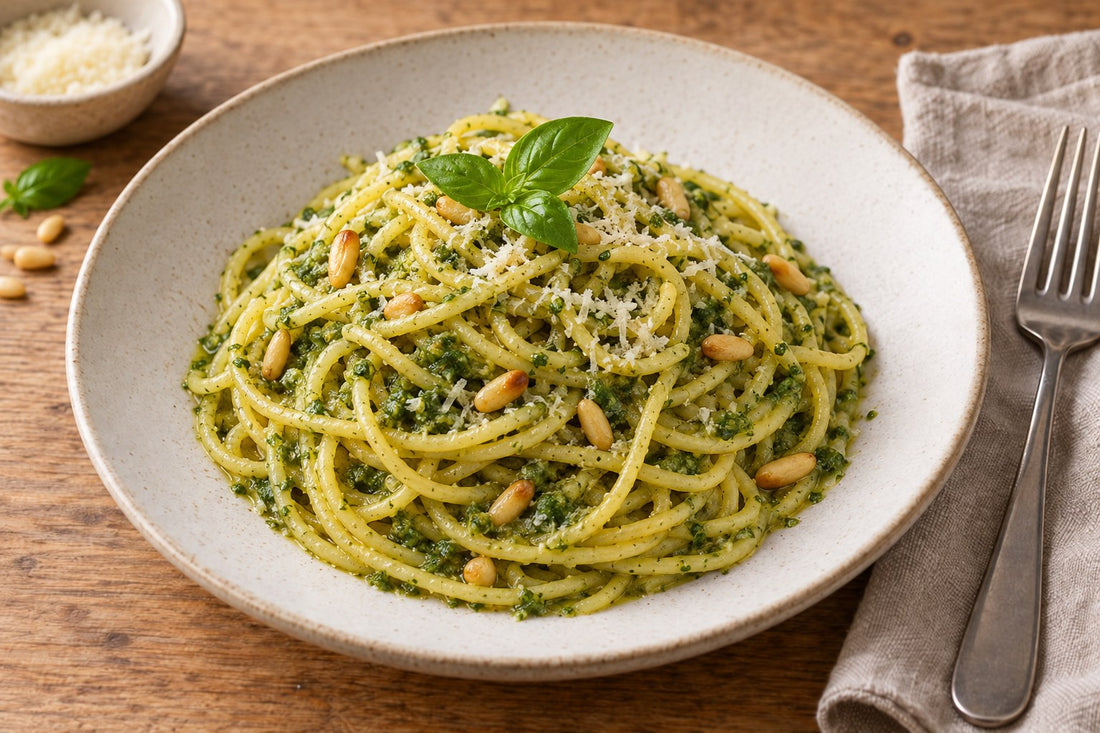 Spaghetti mit Basilikum-Pesto