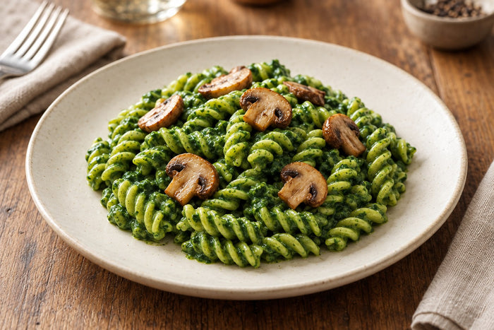 Spiralen an Spinatsauce