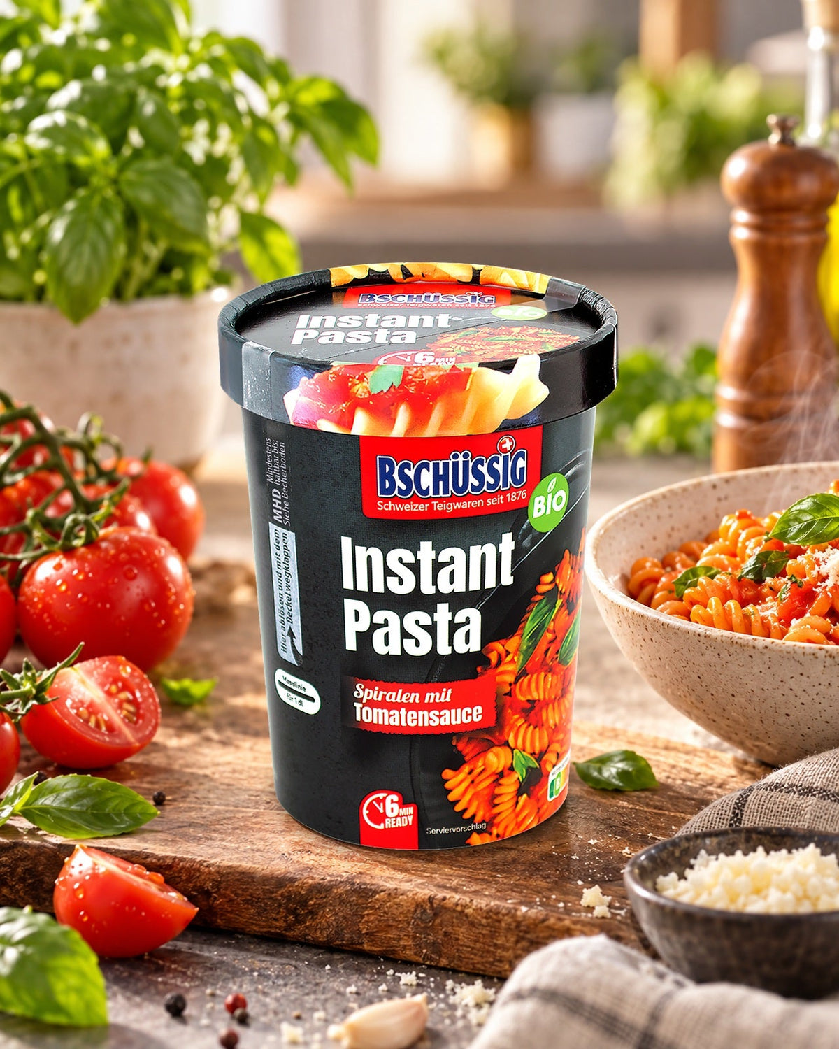 BSCHÜSSIG Bio Instant Pasta spirales en sauce tomate — Prêt en 3 minutes