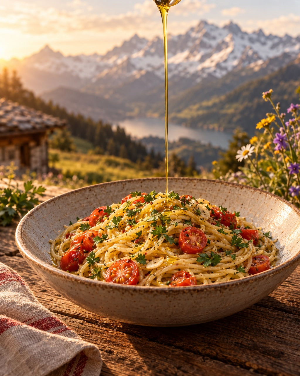 Huile d'olive pressée à froid — dressé devant un décor de montagnes