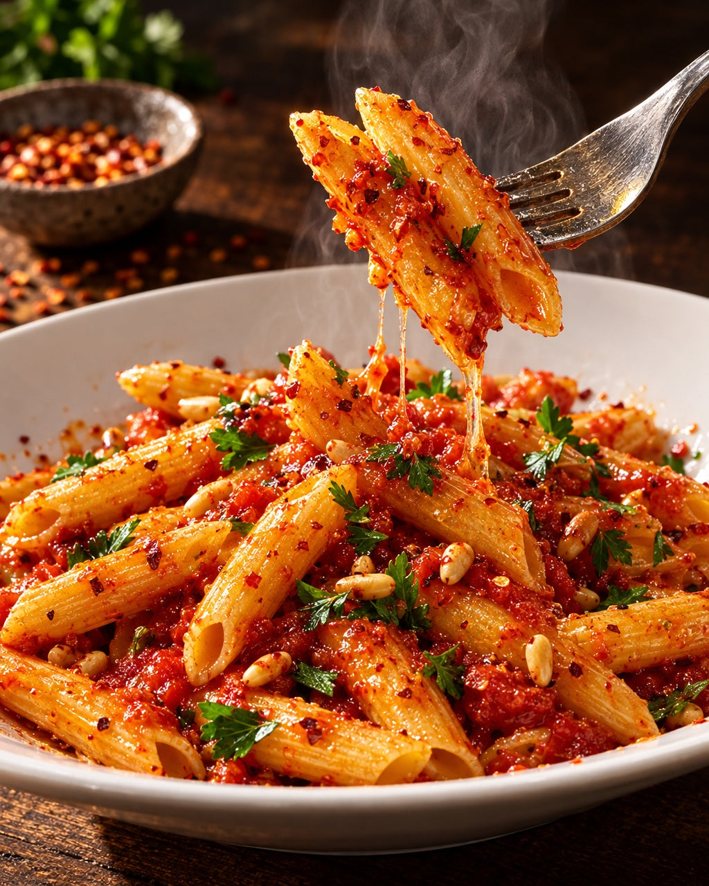 Penne Rigate, ohne Ei, im Vorratsglas — Frisch serviert und dampfend