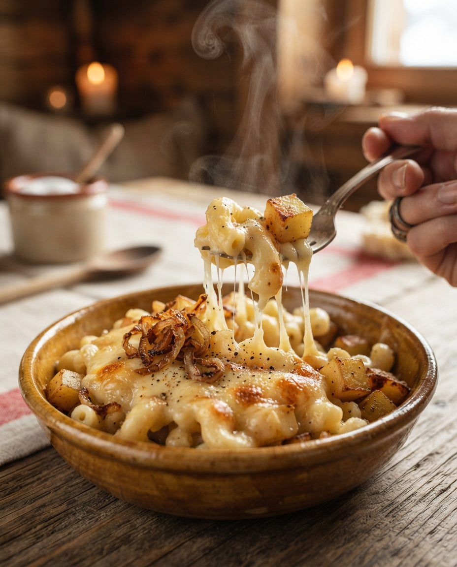 One-Pot-Älplermagronen mit Röstzwiebeln – Detailaufnahme
