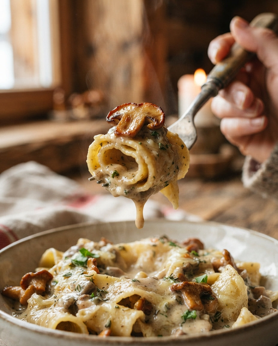 Extrabreite Ami Nudeln mit Pilz-Stroganoff – Detailaufnahme