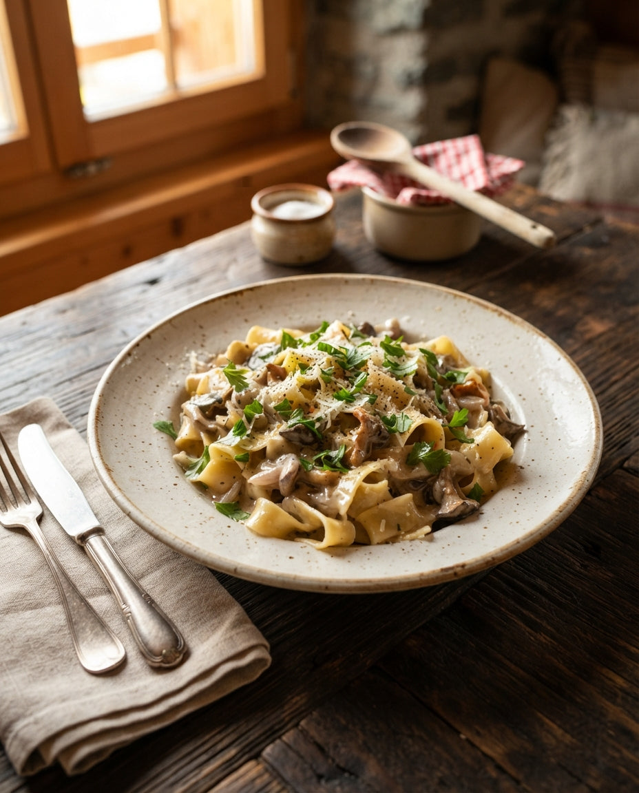 Rezept: Extrabreite Ami Nudeln mit Pilz-Stroganoff