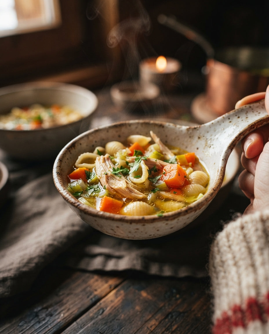 Grosis Nudelsuppe mit Poulet und Gemüse – Detailaufnahme