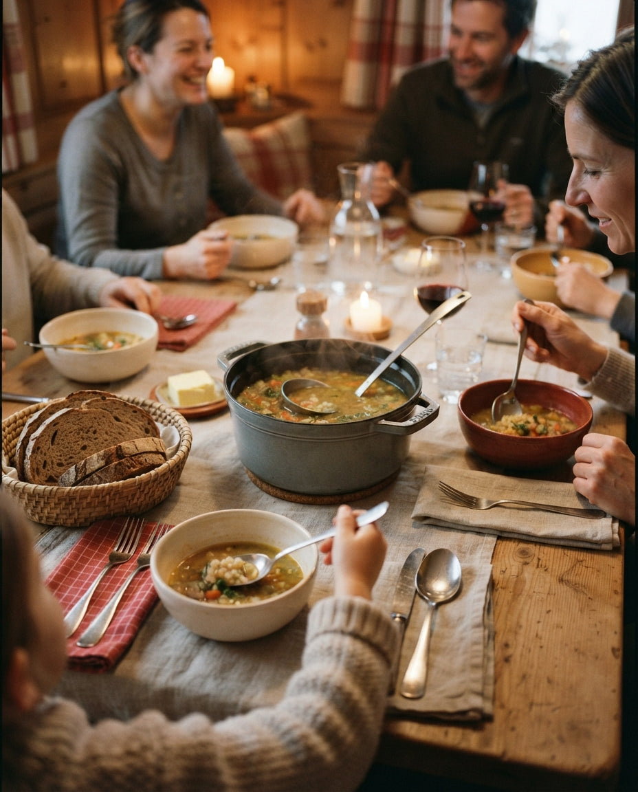 Grosis Nudelsuppe mit Poulet und Gemüse – gemeinsam am Tisch