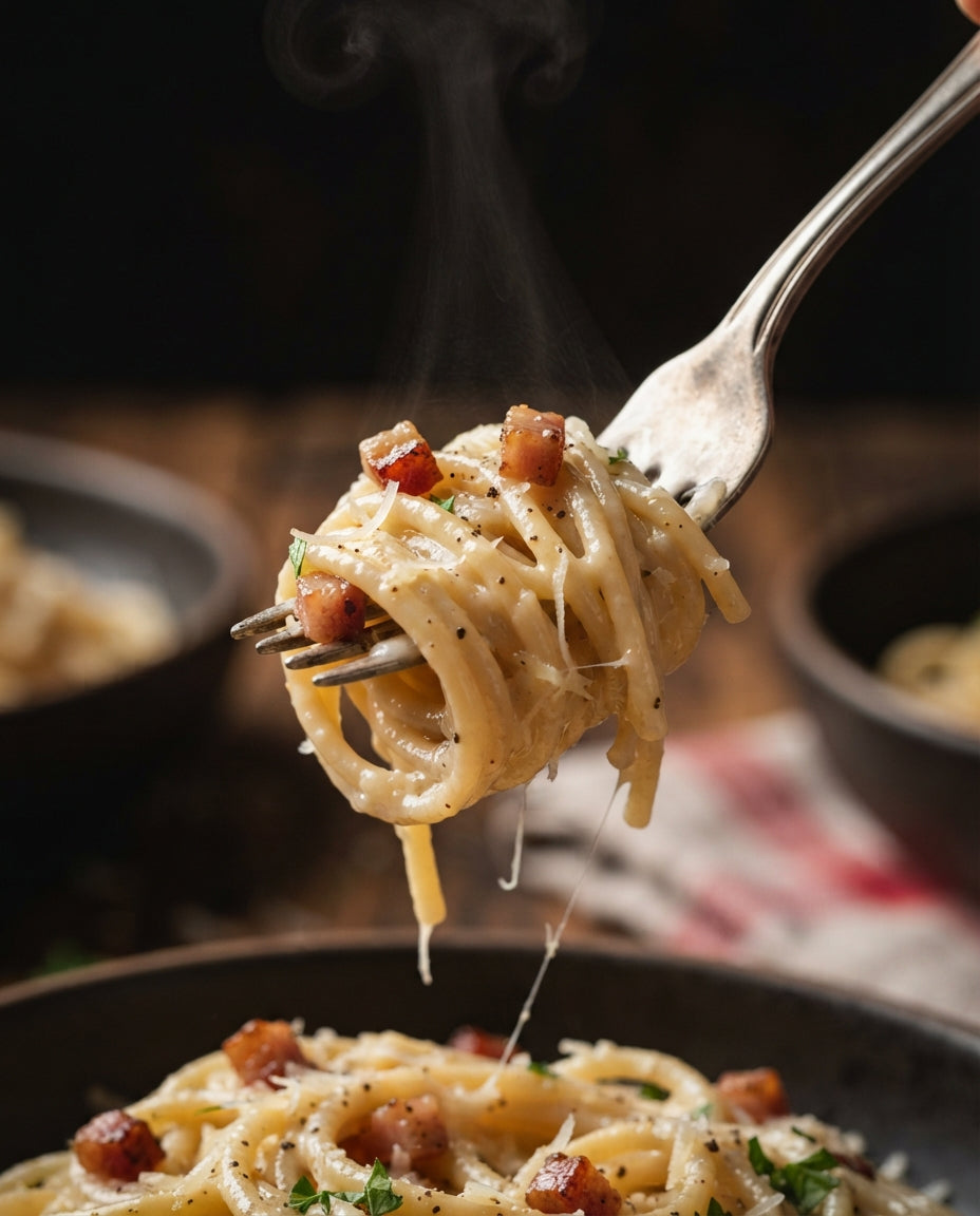 Schweizer Carbonara mit Speckwürfeli – Detailaufnahme