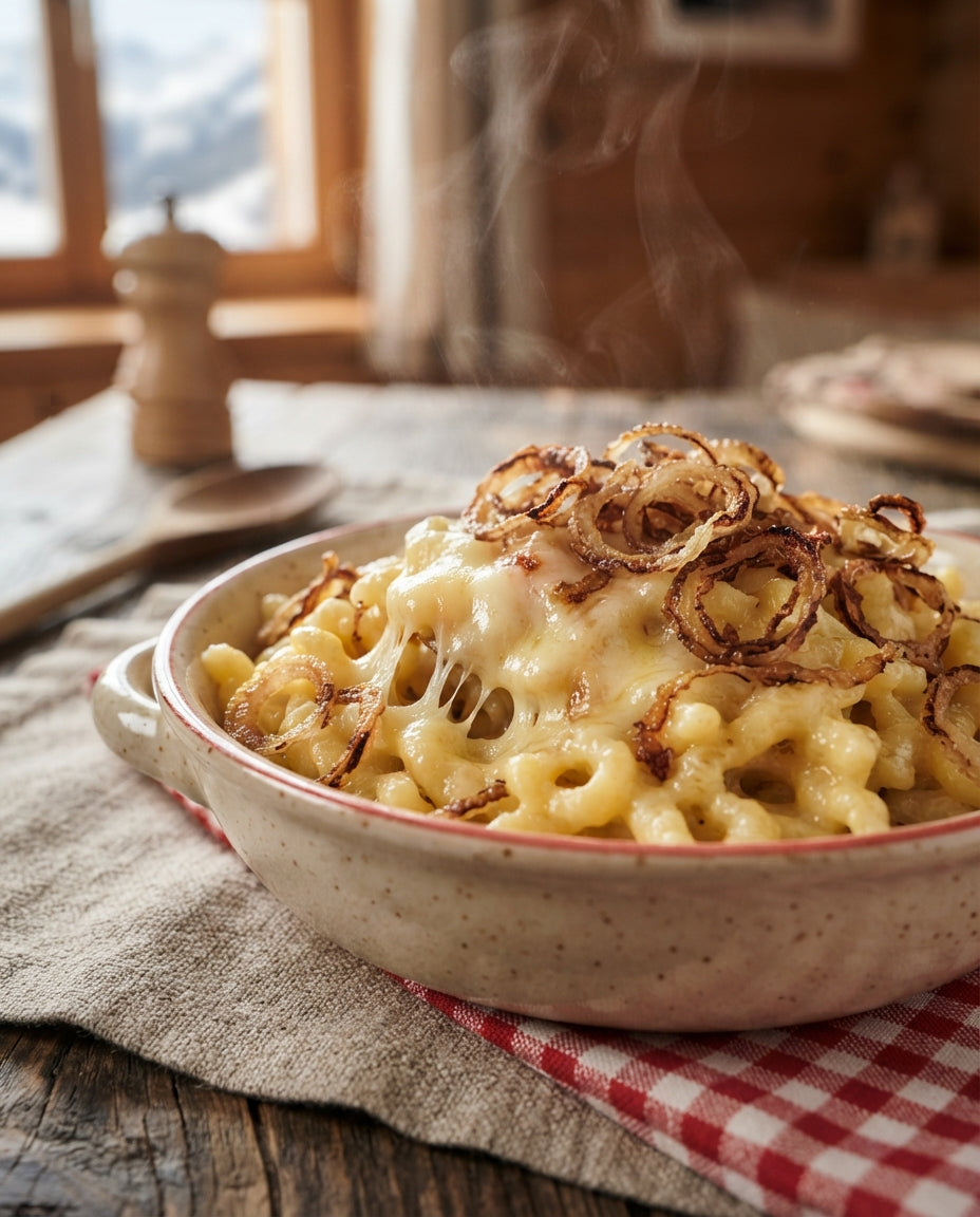 Chäs-Spätzli-Pfanne mit Röstzwiebeln – Detailaufnahme
