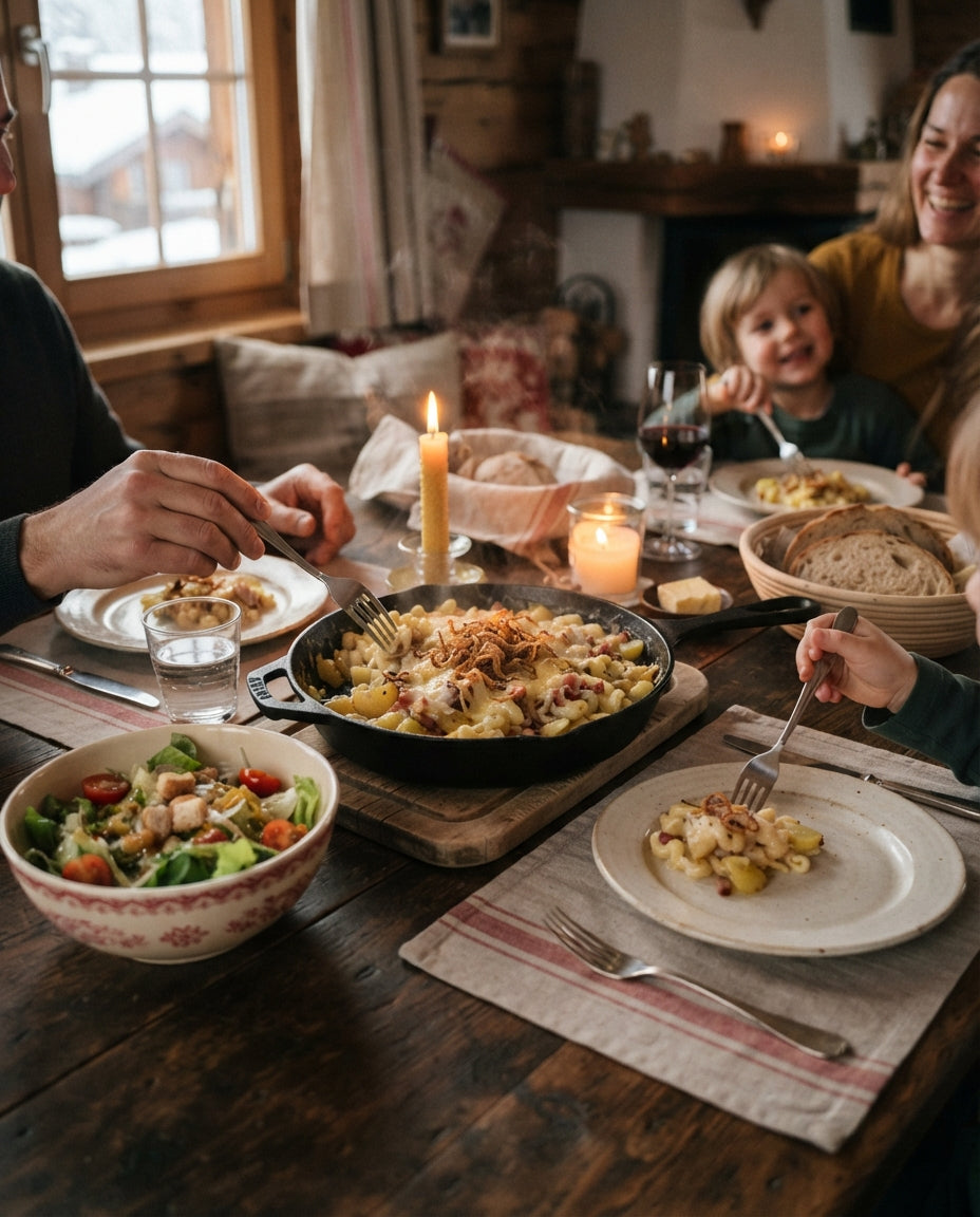 Chäs-Spätzli-Pfanne mit Röstzwiebeln – gemeinsam am Tisch