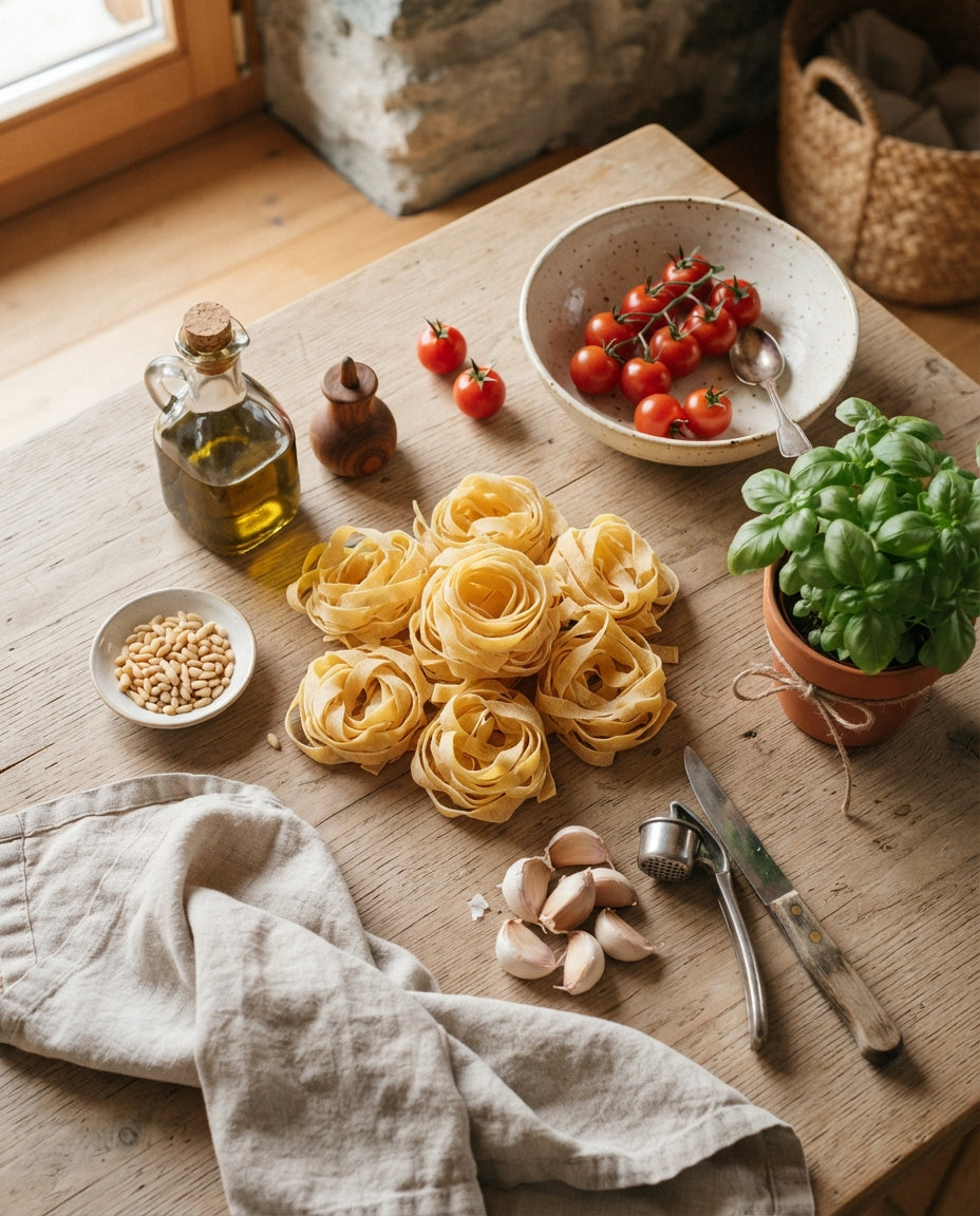 Bandnudeln mit Cherrytomaten-Sugo und Pinienkernen – Zutaten