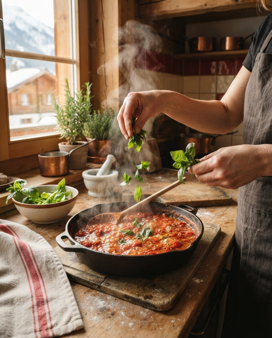 Bandnudeln mit Cherrytomaten-Sugo und Pinienkernen – Zubereitung