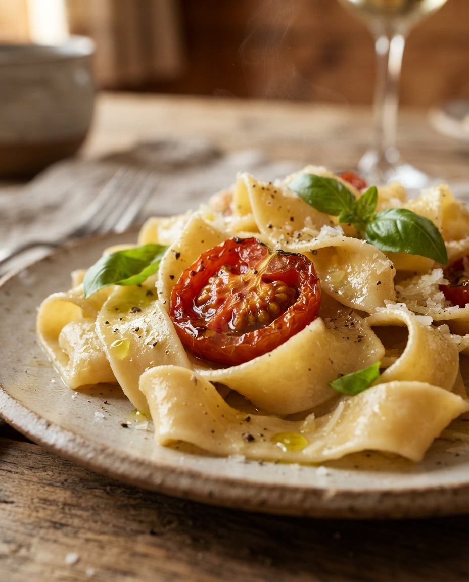 Bandnudeln mit Cherrytomaten-Sugo und Pinienkernen – Detailaufnahme
