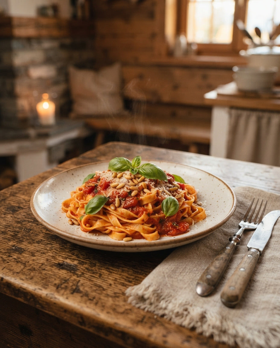 Rezept: Bandnudeln mit Cherrytomaten-Sugo und Pinienkernen