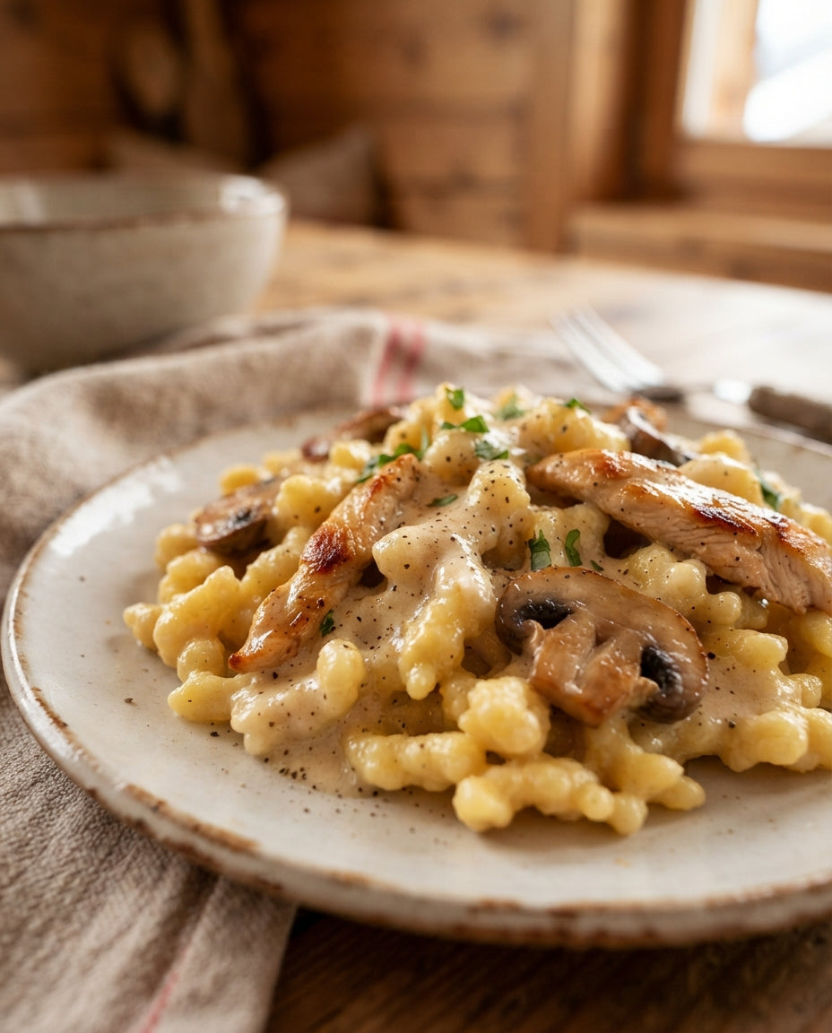Bauernspätzli mit Pilz-Geschnetzeltem – Detailaufnahme