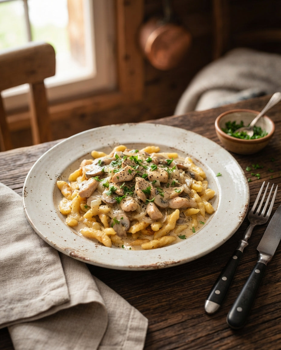 Rezept: Bauernspätzli mit Pilz-Geschnetzeltem