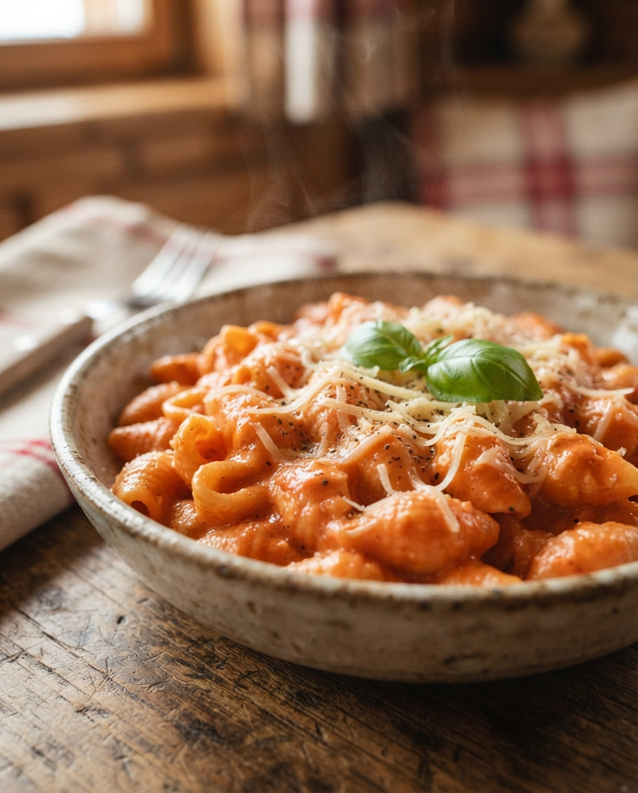 Bio-Pasta mit Tomaten-Mascarpone-Sauce – Detailaufnahme