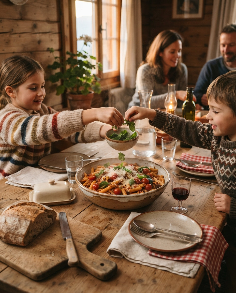 Bio-Pasta mit Tomaten-Mascarpone-Sauce – gemeinsam am Tisch