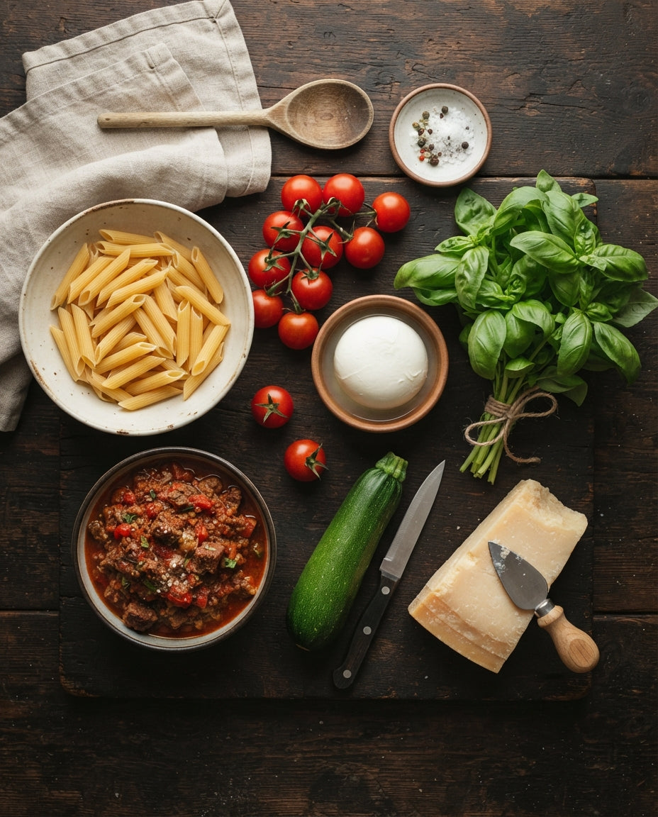 Blitz-Pasta al Forno mit Bio-Rindfleischsauce – Zutaten