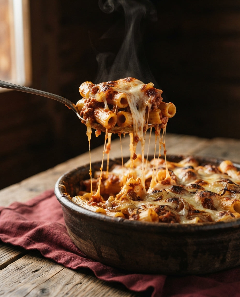 Blitz-Pasta al Forno mit Bio-Rindfleischsauce – Detailaufnahme