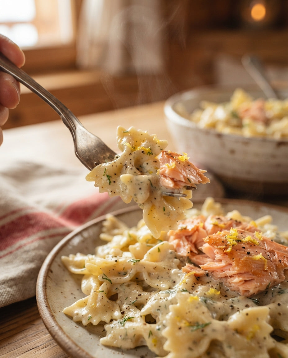 Krawättli in Zitronen-Rahm mit Rauchlachs – Detailaufnahme