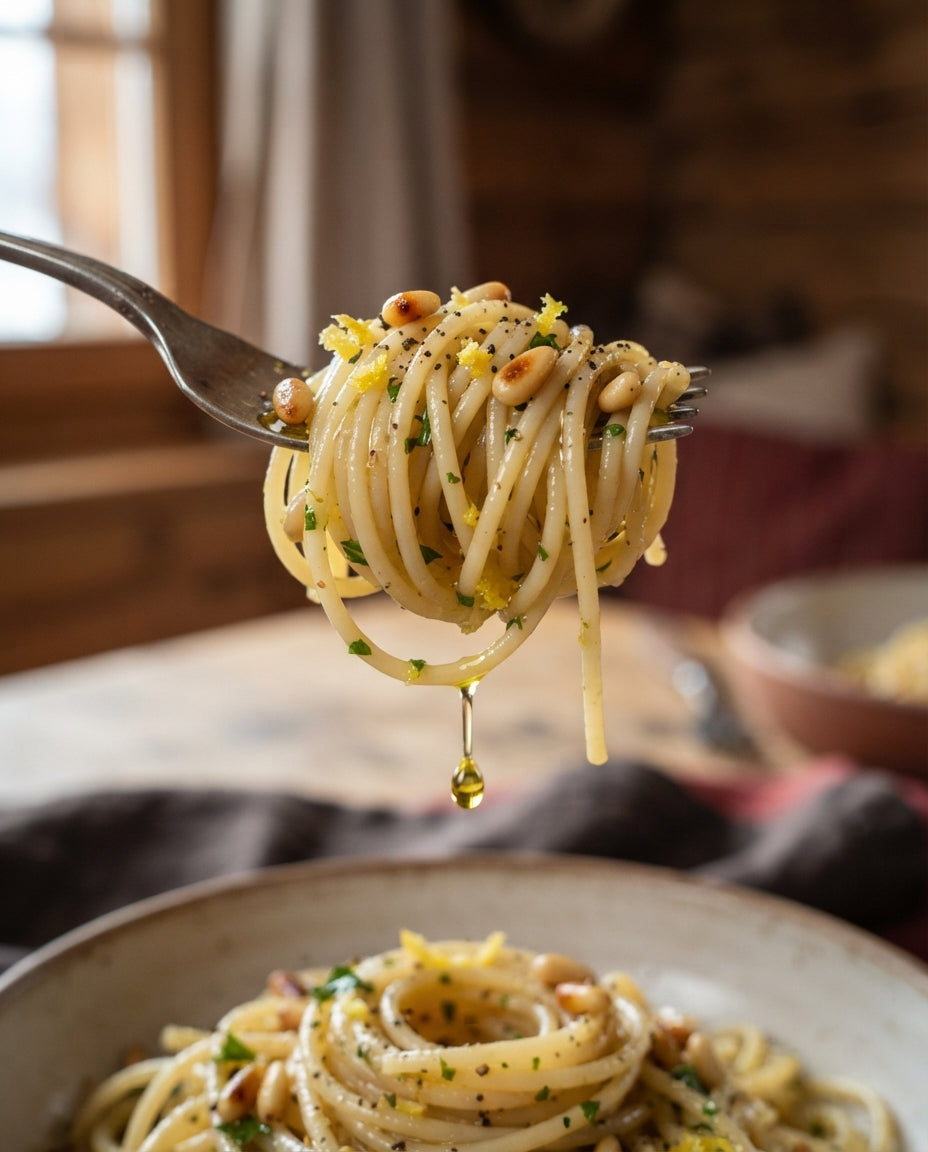 Spaghetti Aglio e Olio mit Cherrytomaten – Detailaufnahme