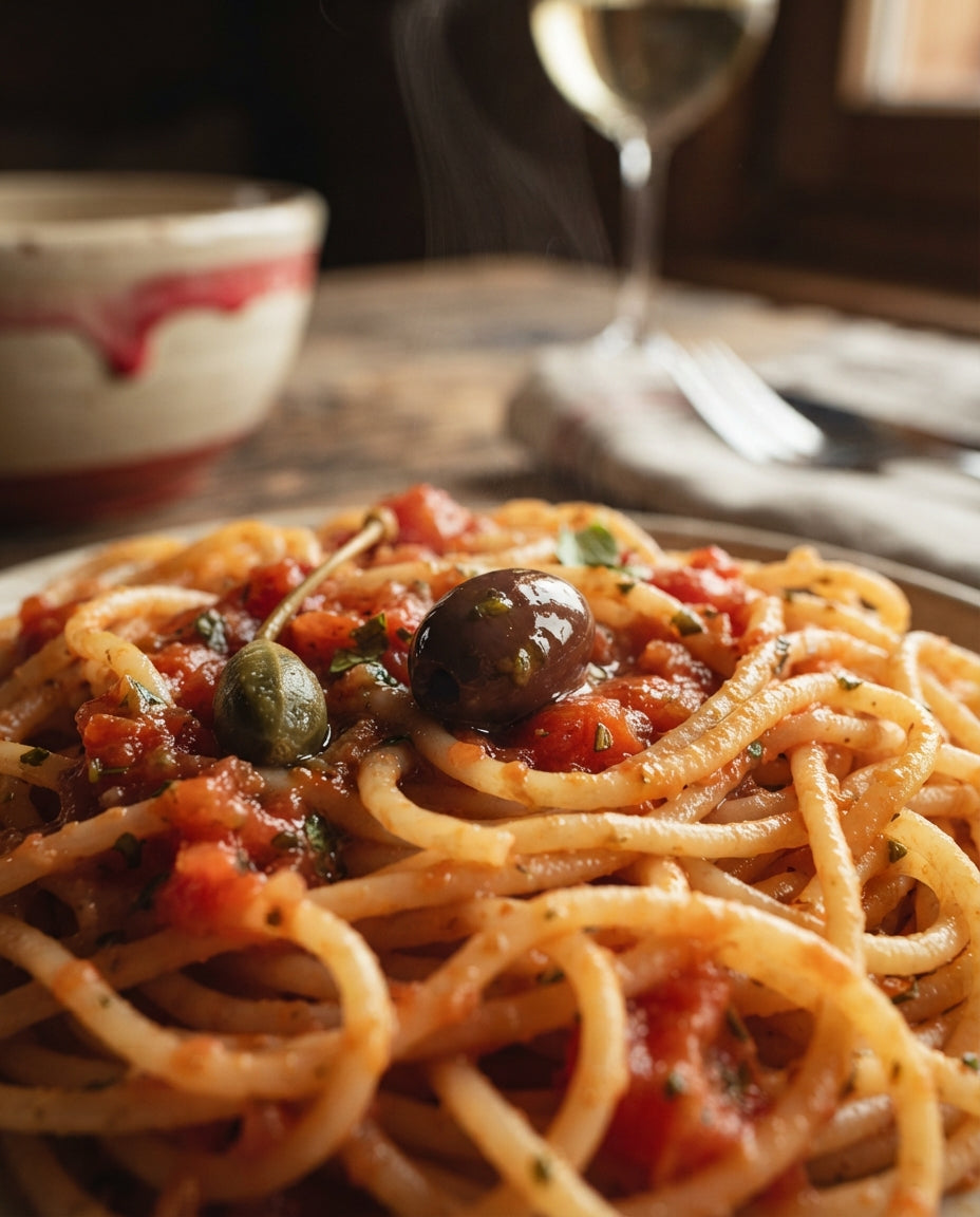 Spaghetti Napoli Puttanesca-Style – Detailaufnahme