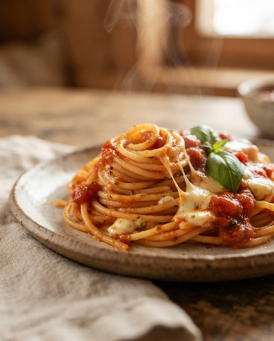 Spaghetti mit aufgepeppter Bio-Tomatensauce – Detailaufnahme