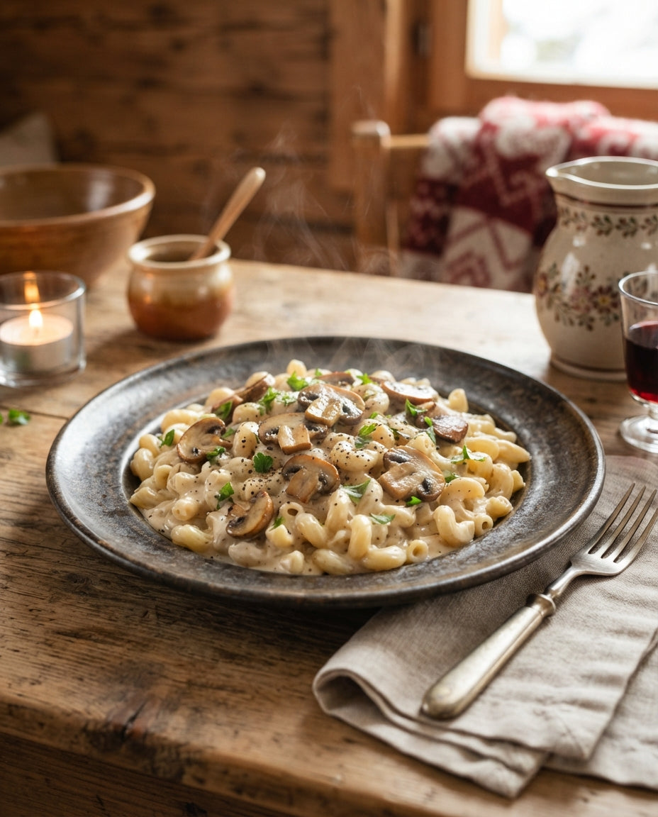 Rezept: UrDinkel-Hörnli an cremigem Pilz-Rahm
