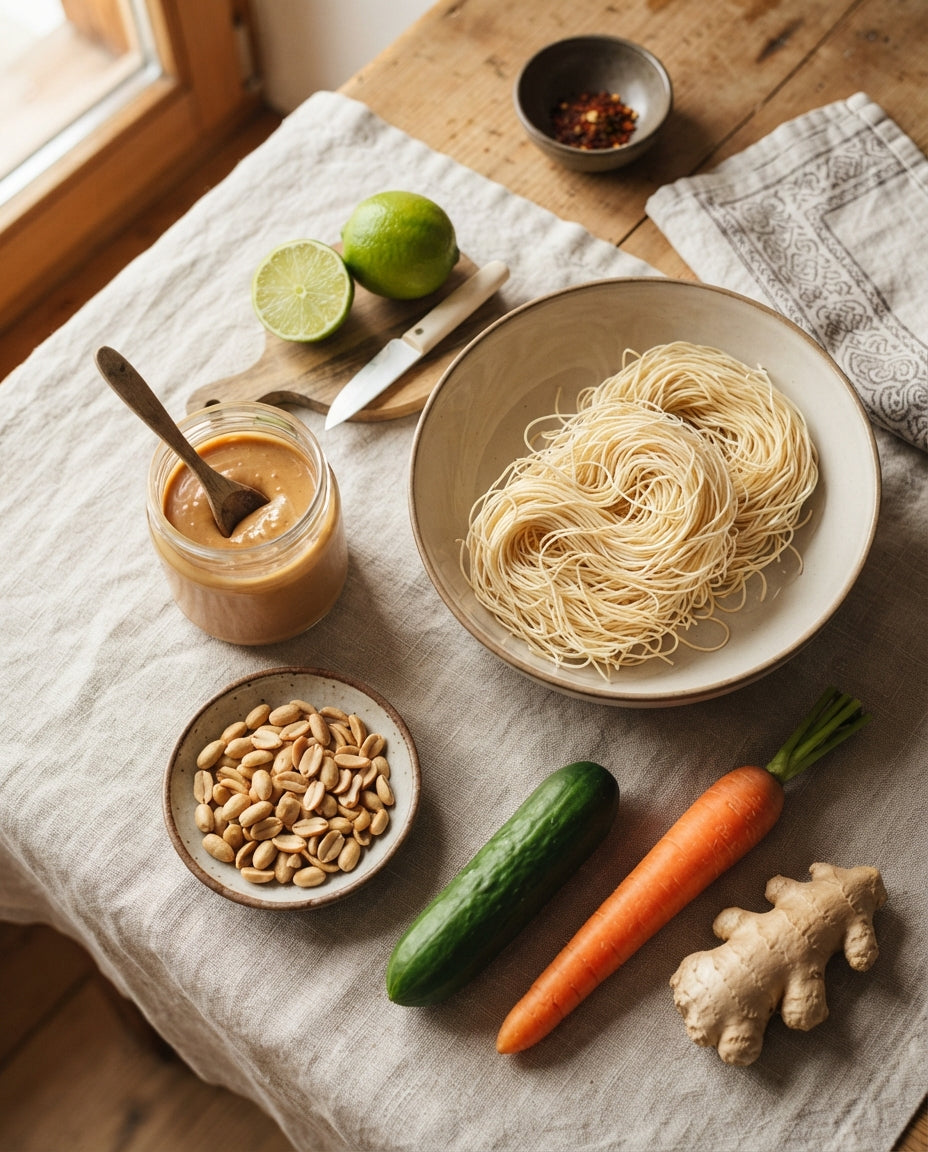 Lauwarmer Nüdeli-Salat mit Erdnuss-Dressing – Zutaten