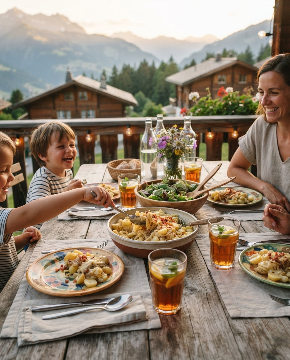 Lauwarmer Nüdeli-Salat mit Erdnuss-Dressing – gemeinsam am Tisch
