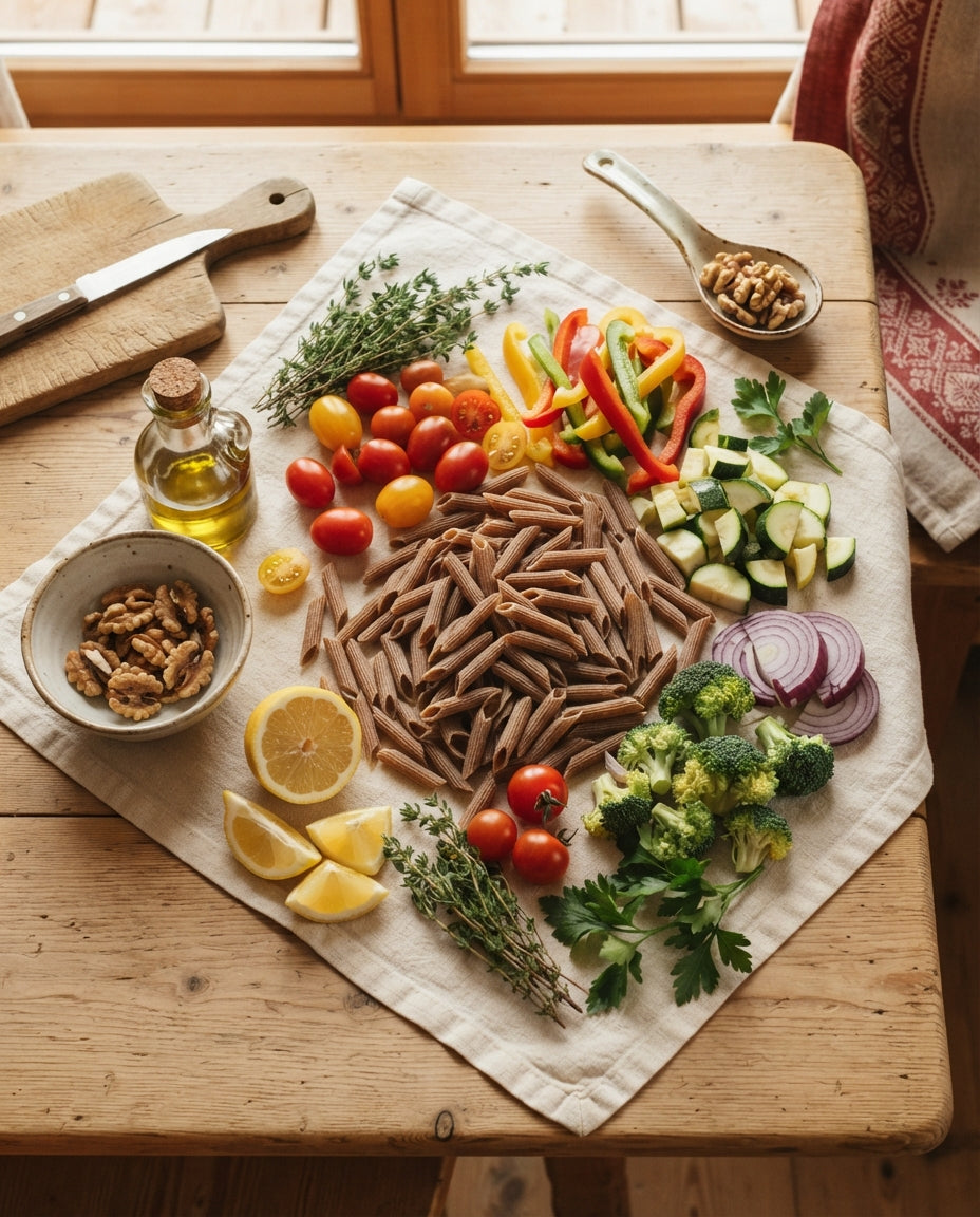 6-Korn-Penne mit Ofengemüse und Zitronen-Öl – Zutaten