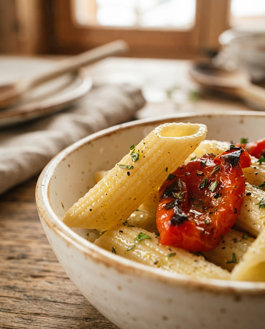 6-Korn-Penne mit Ofengemüse und Zitronen-Öl – Detailaufnahme