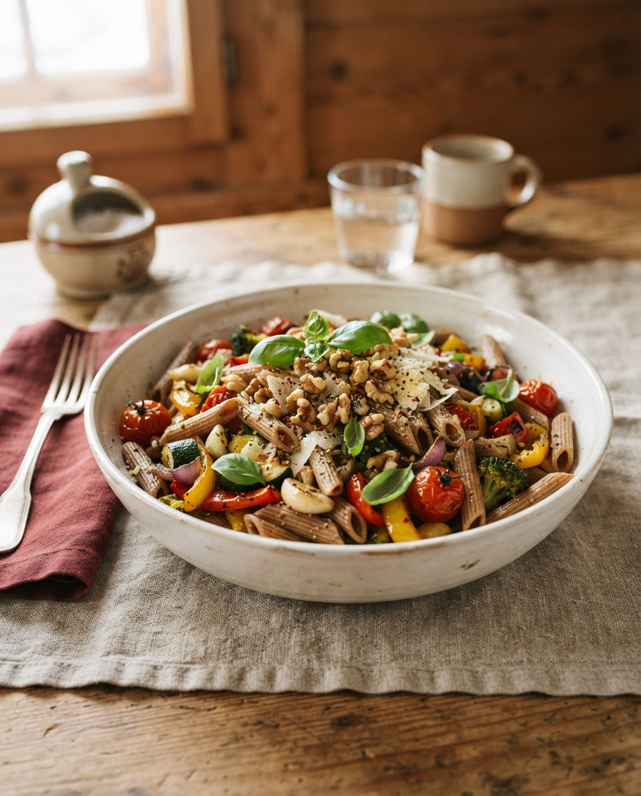 Rezept: 6-Korn-Penne mit Ofengemüse und Zitronen-Öl
