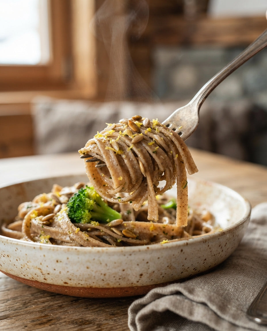 6-Korn-Tagliatelle mit Zitronen-Broccoli & Kernen – Detailaufnahme