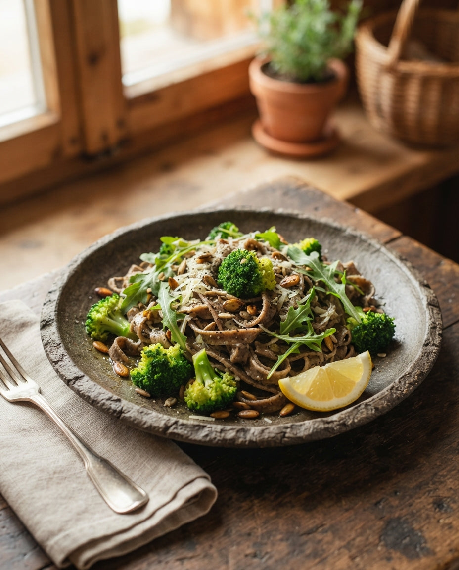 Rezept: 6-Korn-Tagliatelle mit Zitronen-Broccoli & Kernen