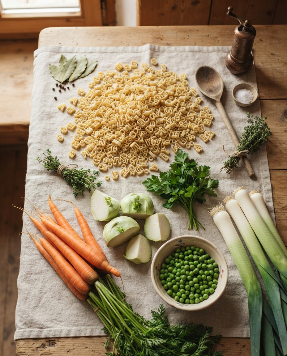 ABC-Gemüsesuppe zum Buchstabieren – Zutaten