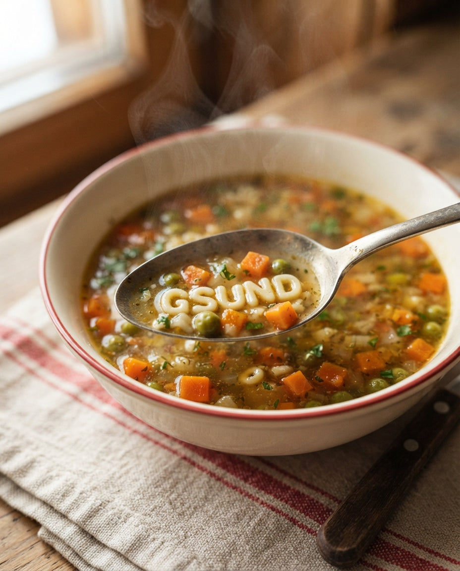 ABC-Gemüsesuppe zum Buchstabieren – Detailaufnahme