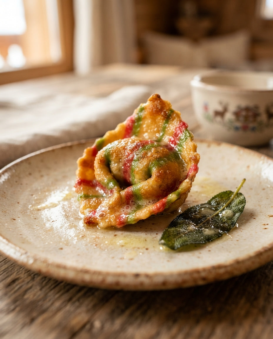 Gebratene Cappelletti mit Salbeibutter und Kirschtomaten – Detailaufnahme