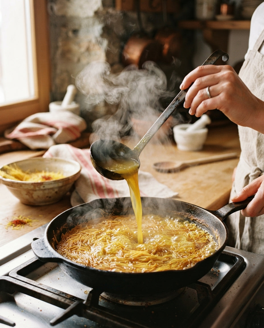 Fideli-Paella-Pfanne mit Poulet und Peperoni – Zubereitung