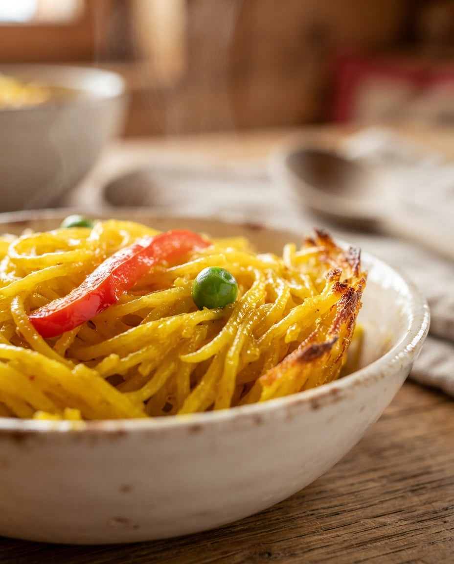 Fideli-Paella-Pfanne mit Poulet und Peperoni – Detailaufnahme