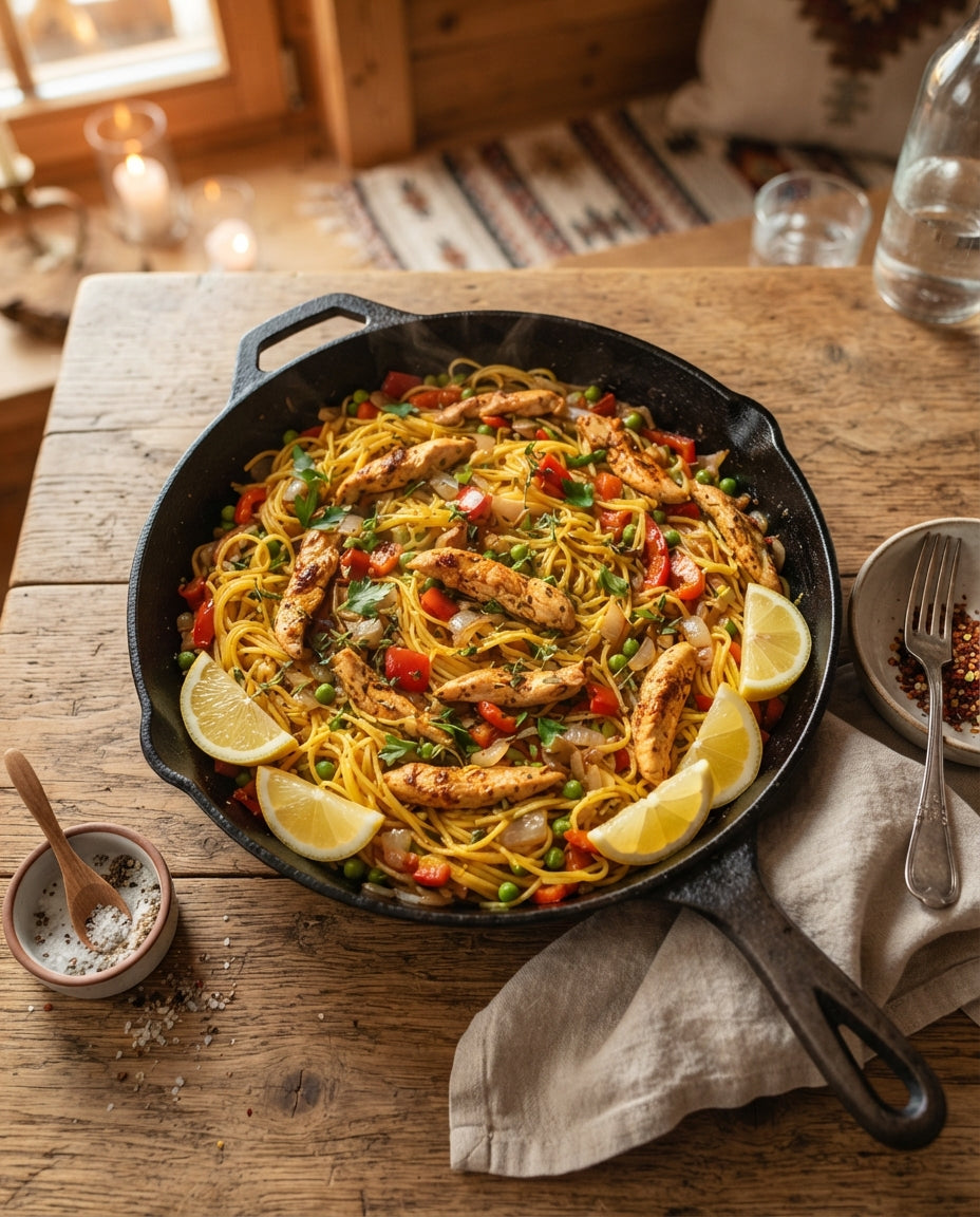 Rezept: Fideli-Paella-Pfanne mit Poulet und Peperoni