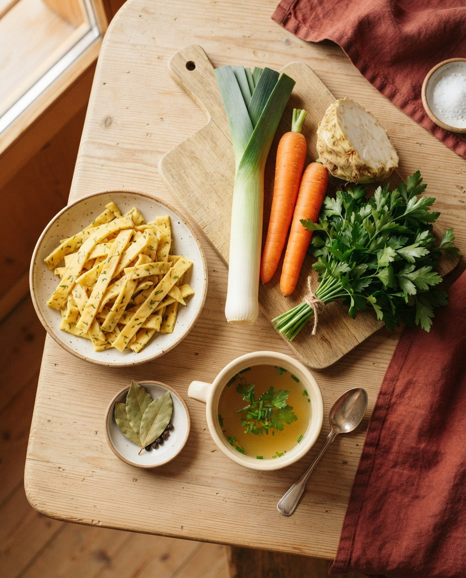 Goldene Flädlisuppe mit Gemüse-Confetti – Zutaten