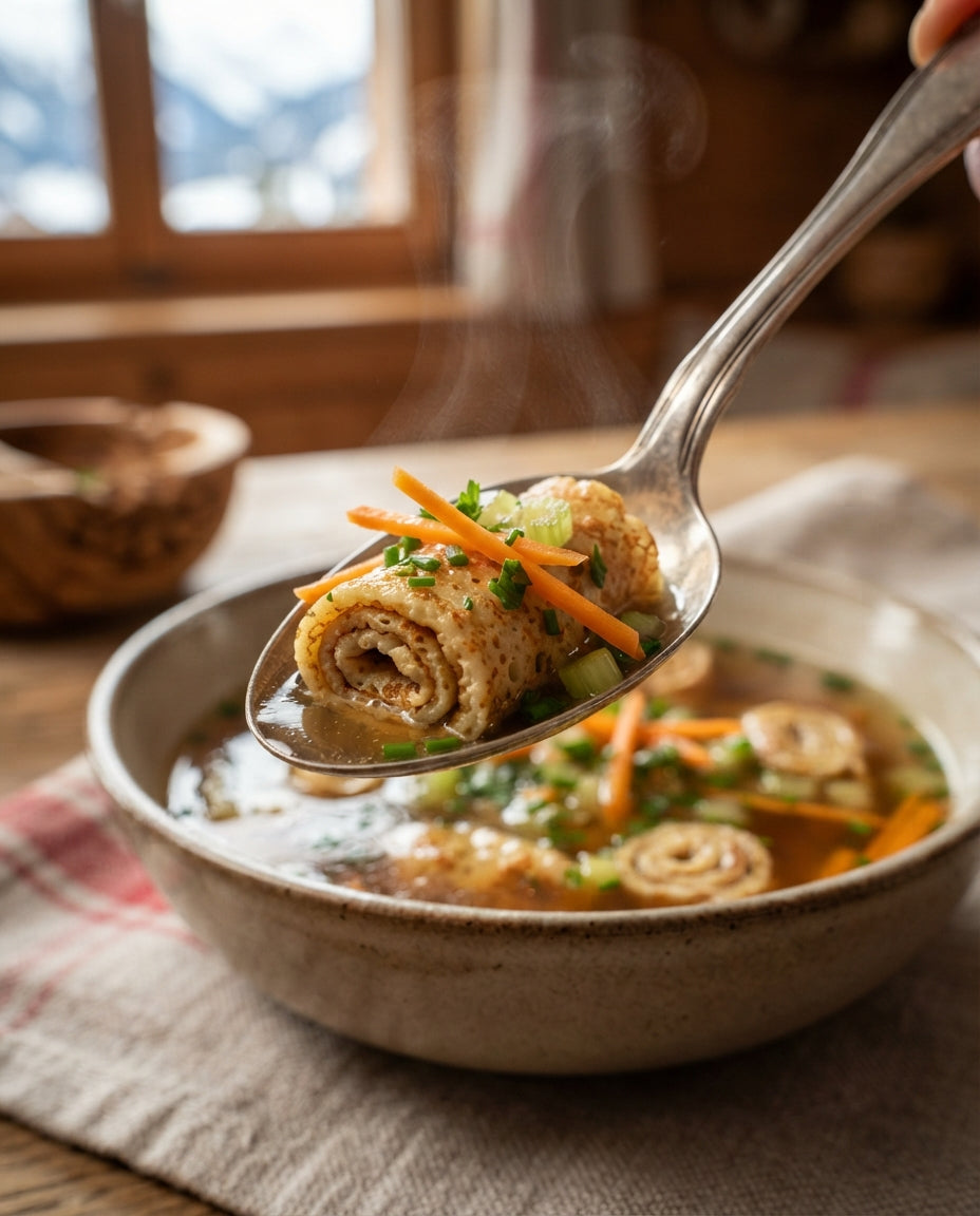 Goldene Flädlisuppe mit Gemüse-Confetti – Detailaufnahme