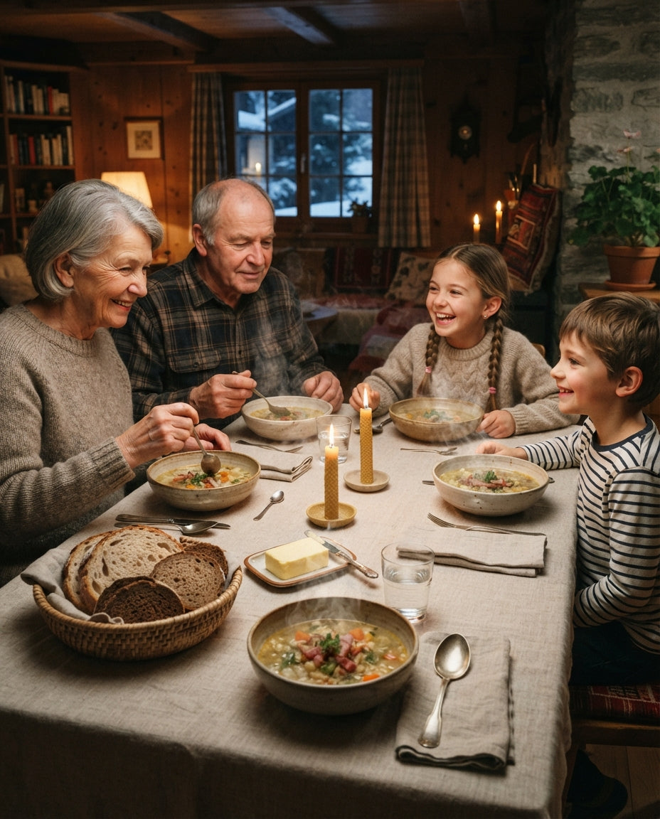 Goldene Flädlisuppe mit Gemüse-Confetti – gemeinsam am Tisch