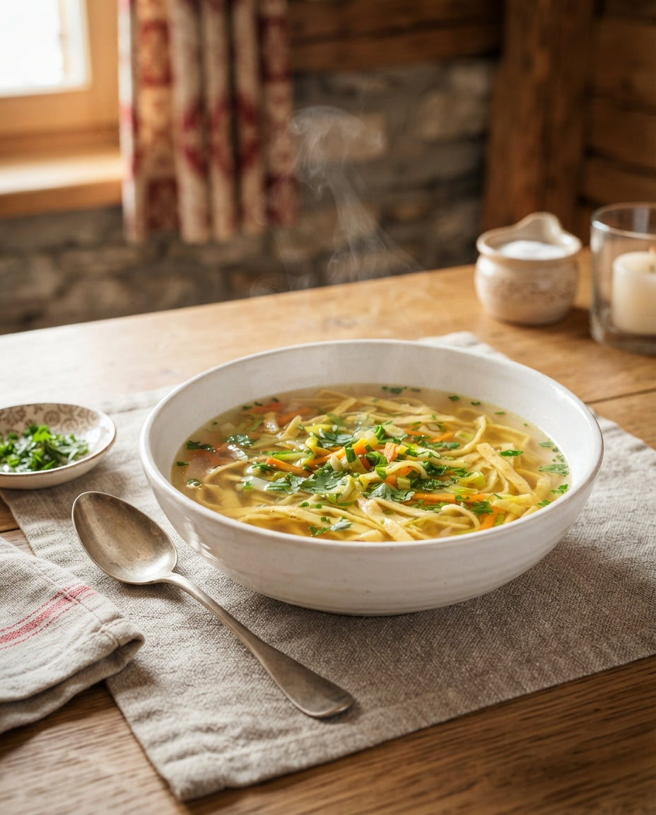 Rezept: Goldene Flädlisuppe mit Gemüse-Confetti