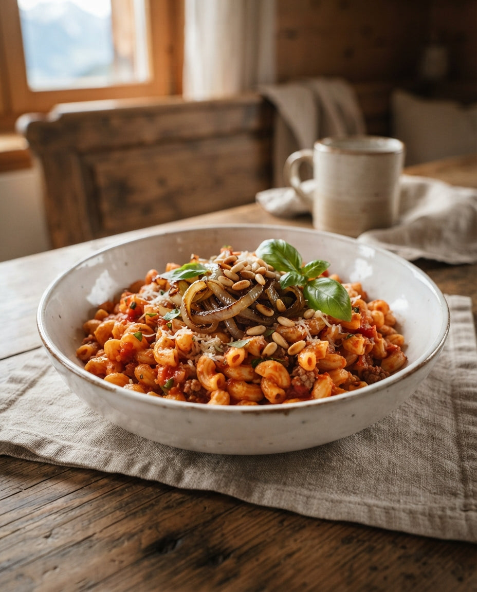 Rezept: Feine Hörnli Napoli mit geschmorten Zwiebeln